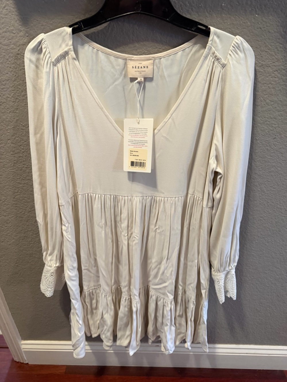 Sezane Light Cream V-Neck Tiered Mini Dress with Lace Cuffs